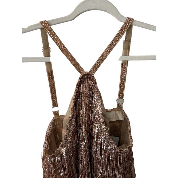 Bronx and Banco Isle Mini Dress Fringe Sequin Halter Neck Cocktail Gold Size 8 - Picture 5 of 15